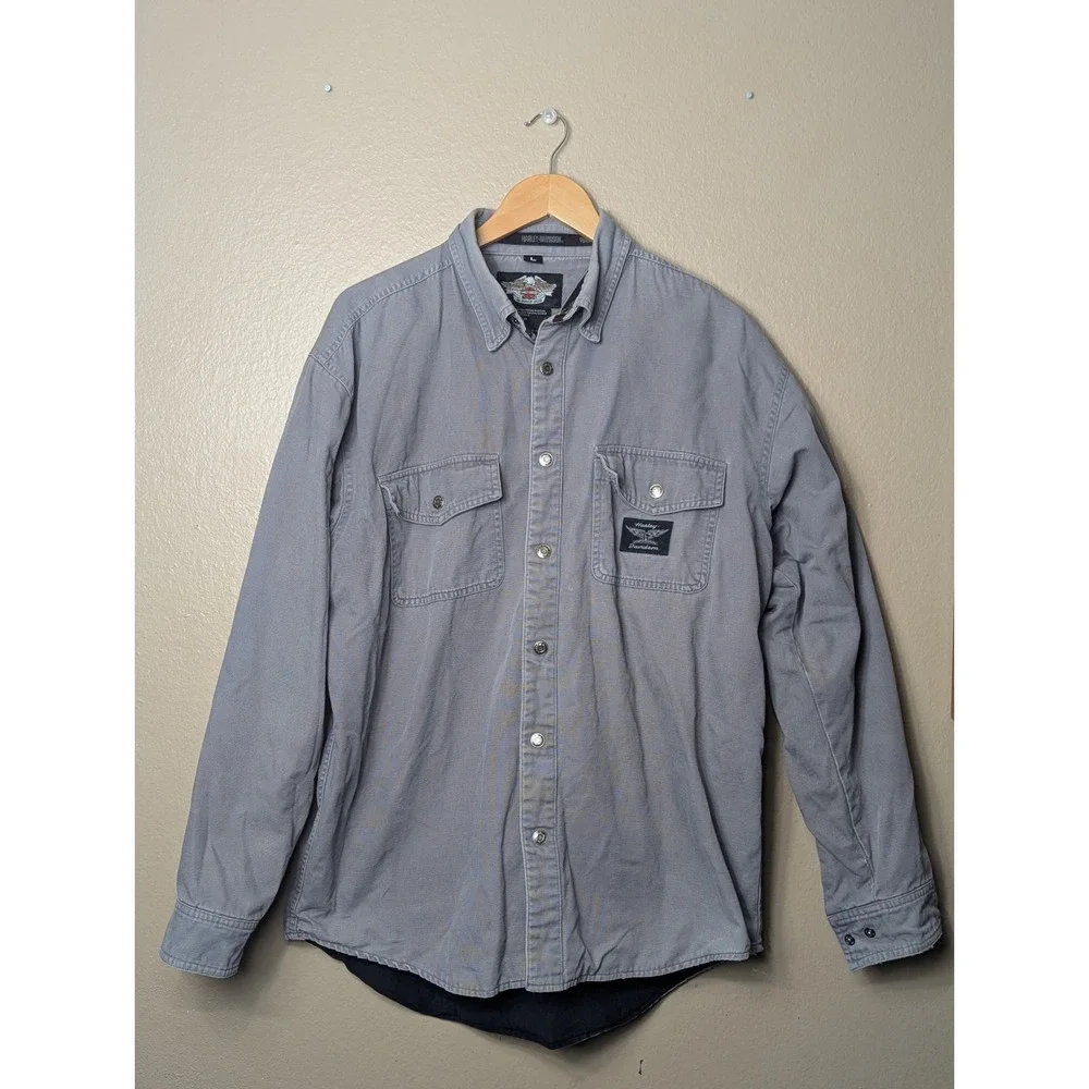 Harley Davidson Button Down Shirt Men Large Grey Vintage Biker Canvas Workwear